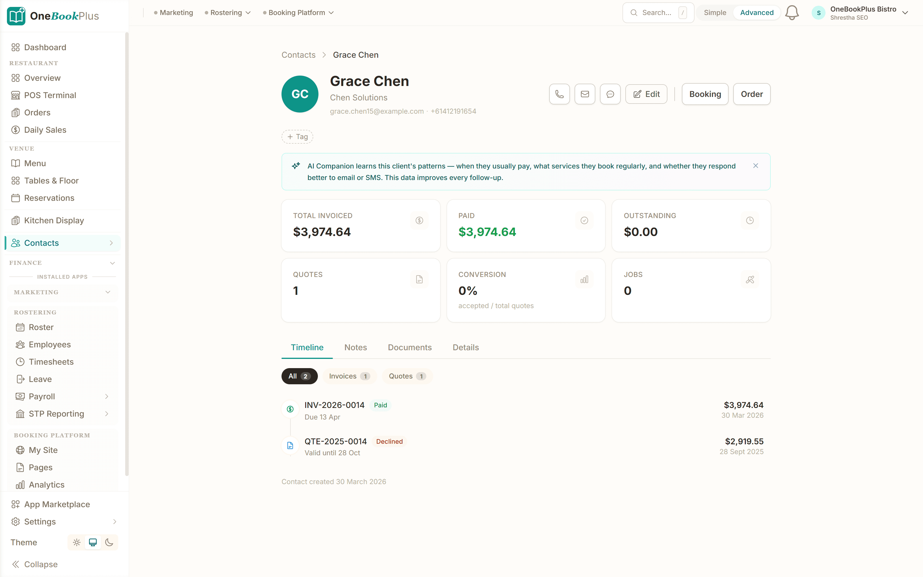 Contact profile with activity timeline