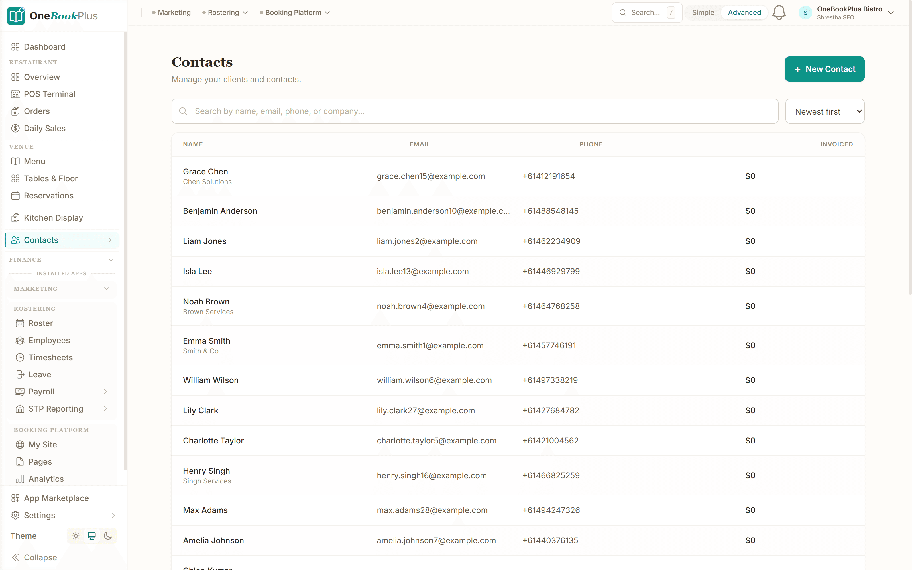 Contacts list with tags and filters