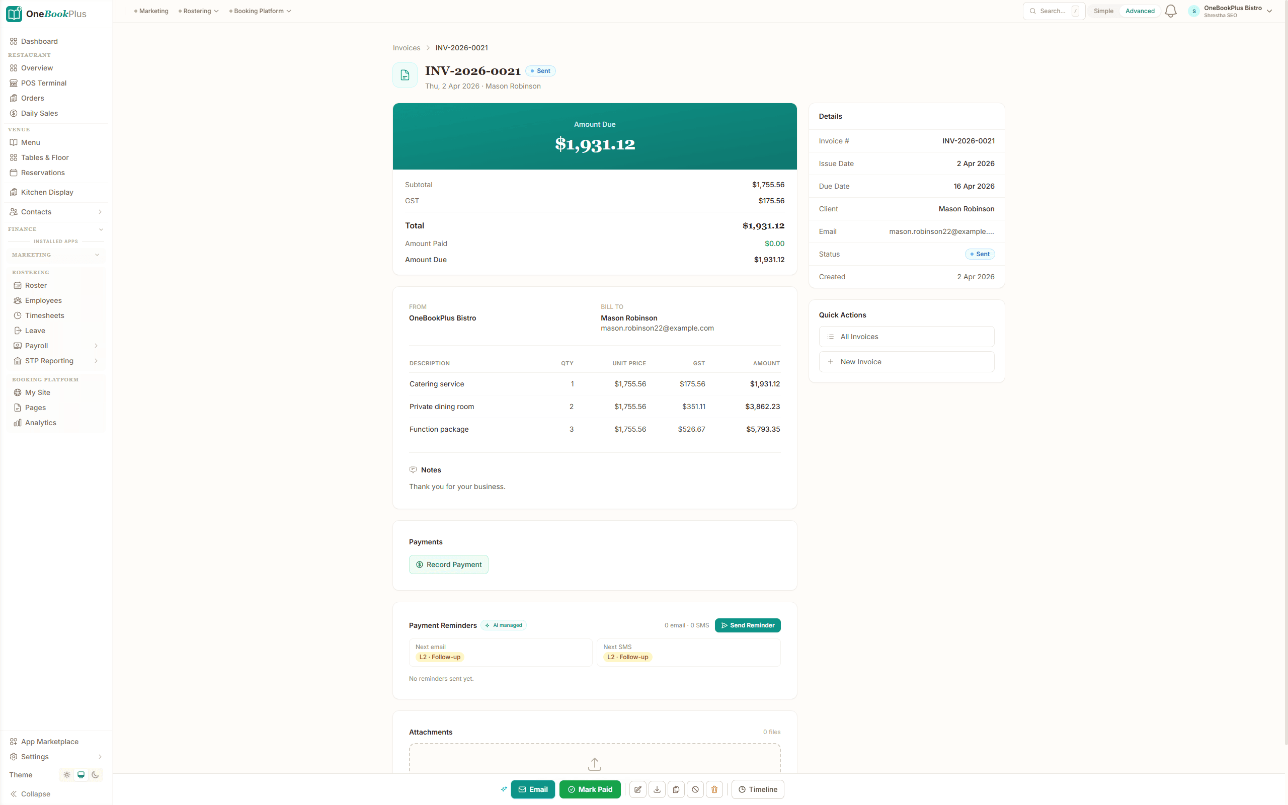 Invoice detail with line items and Stripe payment link