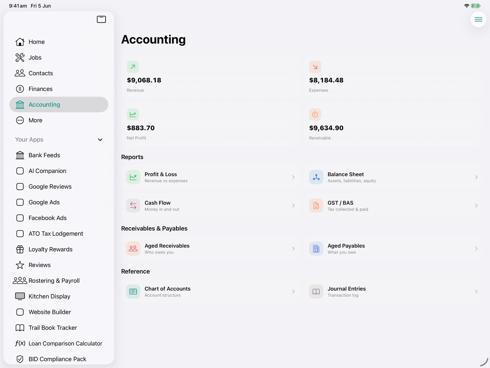 Accounting and BAS reports on iPad in the OneBookPlus app