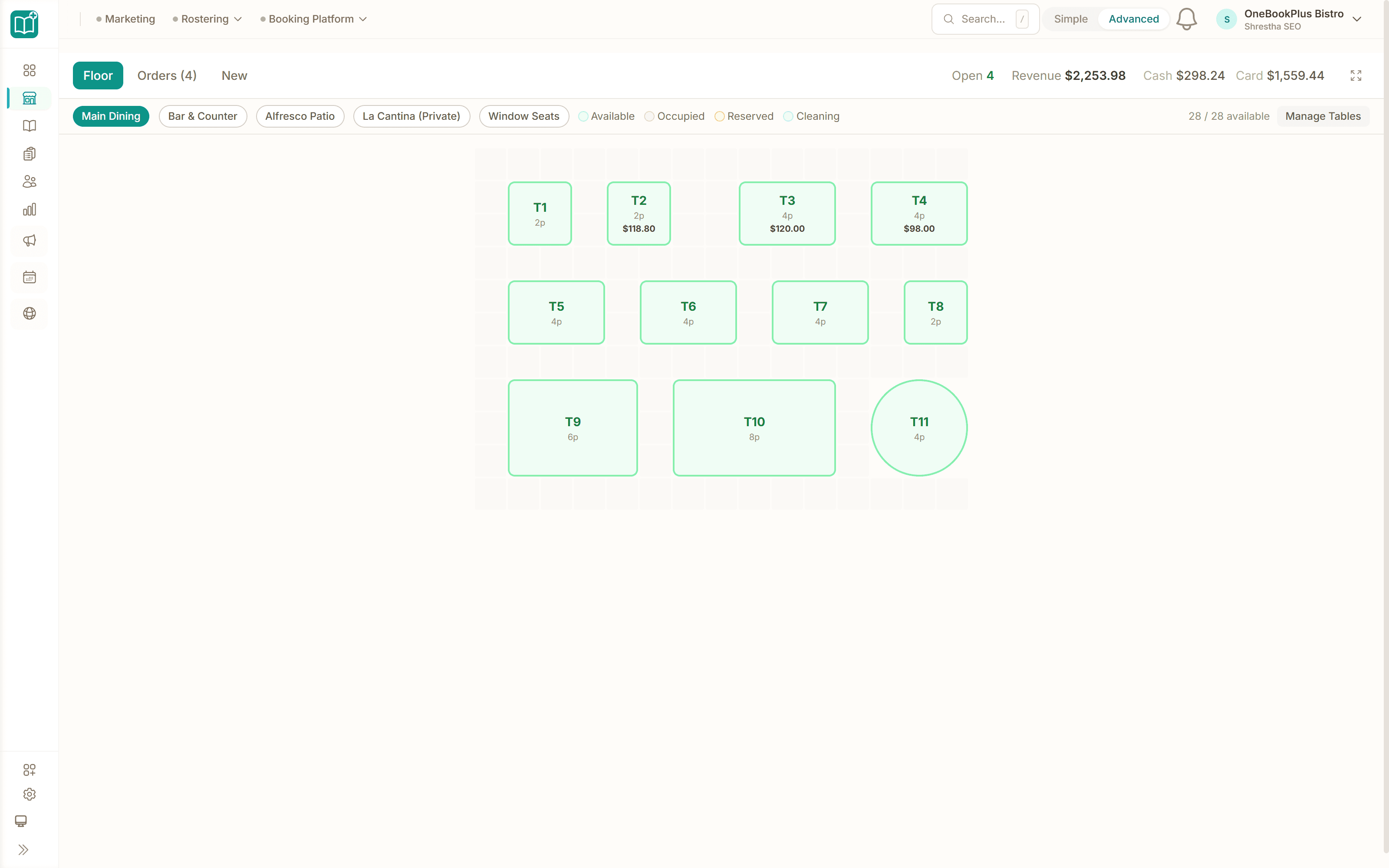POS terminal with menu, active table orders and split payment