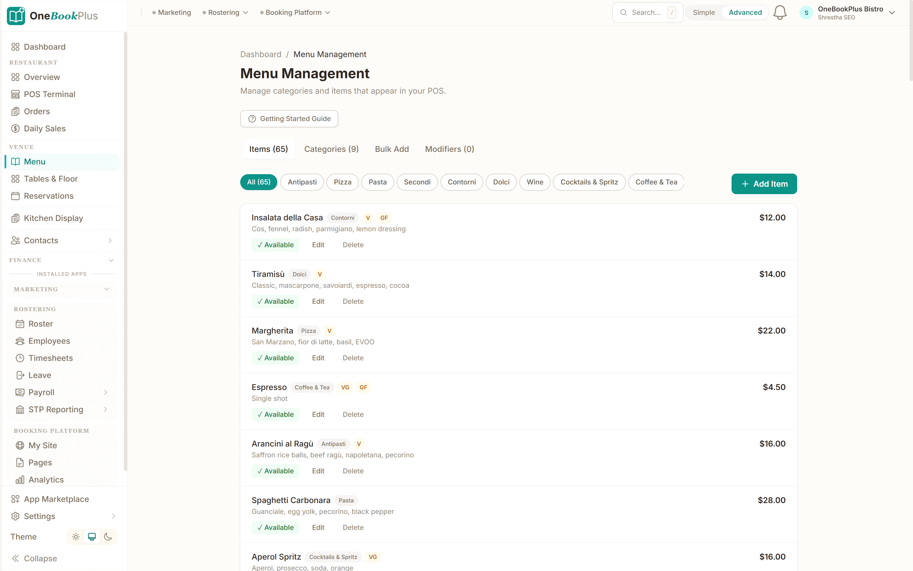 Restaurant menu builder with categories, dietary tags and pricing