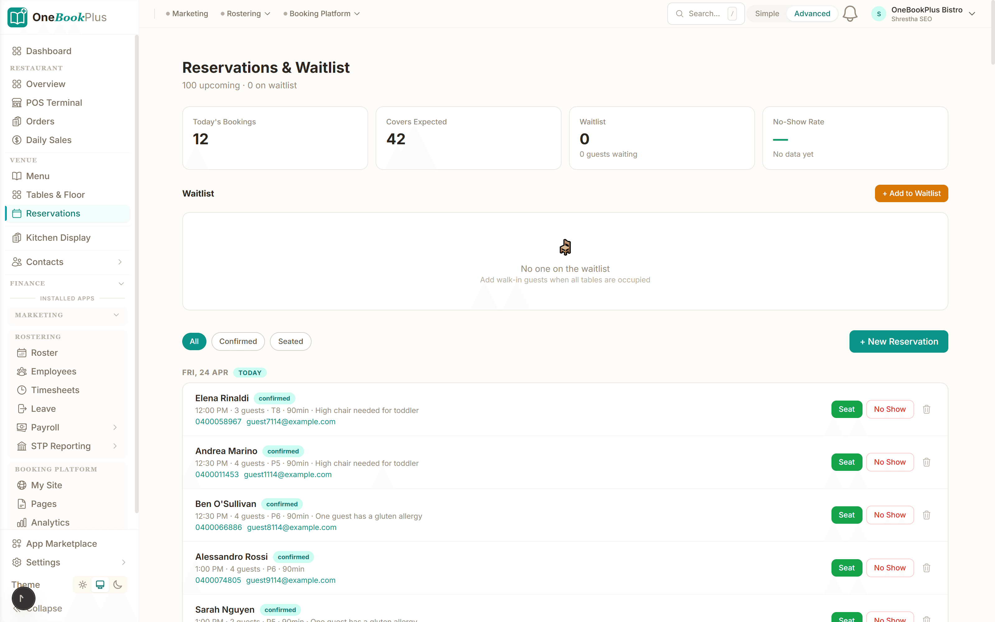 Reservation list with party size, time, notes and table assignments