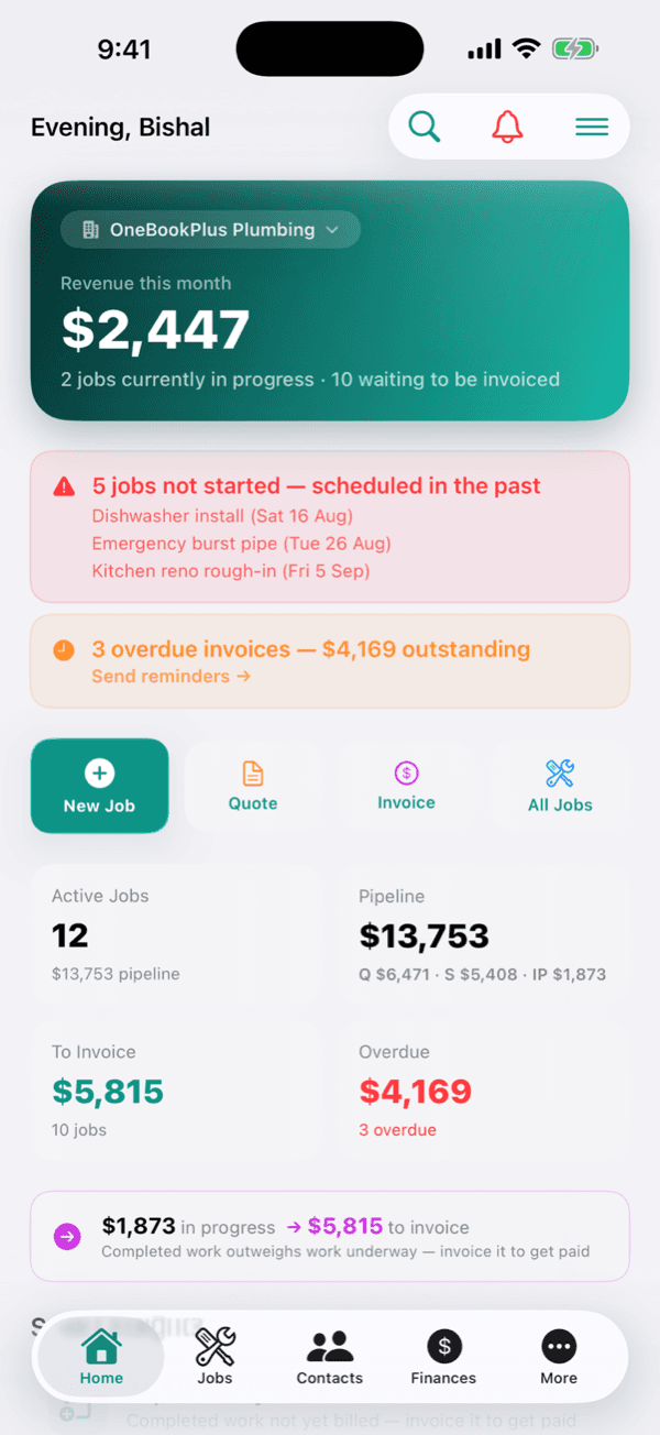 OneBookPlus dashboard in the iOS app